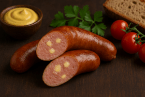 „Aufgeschnittene Lammkäsekrainer auf Holztisch, umgeben von Senf, Tomaten, Petersilie und Brot.“