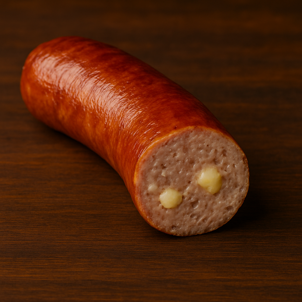 Aufgeschnittene Lammkäsekrainer auf Holzhintergrund mit sichtbarer Käsefüllung